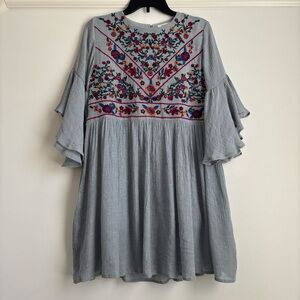 Umgee USA Embroidered Floral Babydoll Mini Dress Ruffle Sleeves Gray Size S